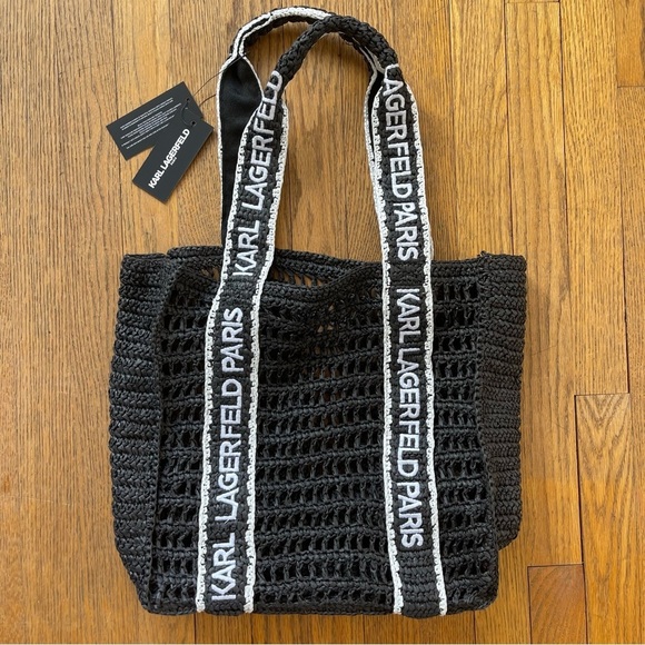 Karl Lagerfeld Antibes Straw Tote Beach Bag Logo Strap Black NWT - Picture 1 of 7